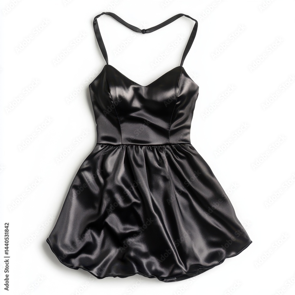 Obraz premium Sleek black satin mini dress with spaghetti straps and ruched detailing for evening elegance