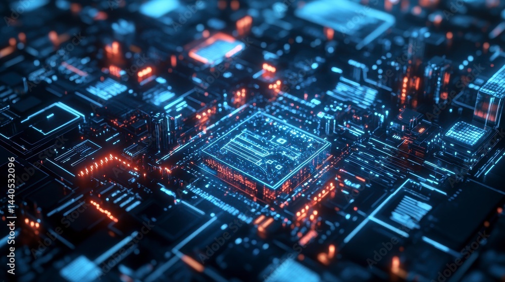 Glowing Blue and Orange Circuit Board Abstract Technology Background Glowing Blue and Orange Circuit Board Abstract Technology Background