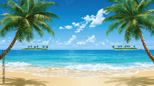 Fototapeta Naklejka Na Ścianę i Meble -  Serene tropical beach scene with clear turquoise waters gentle waves sandy shore and lush palm trees under blue sky with white clouds