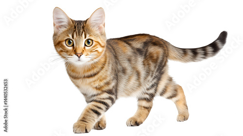 design features a cute tabby kitten walking on plain white background.