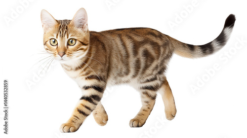 Playful tabby kitten with distinctive rebg 234 markings walking on white.