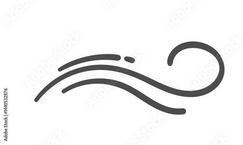 Curly wind line with swirl and flowing curves, cartoon doodle style. Air, breeze, airflow, gust symbol, stream, wind design element, swirl breeze. Vector illustration.