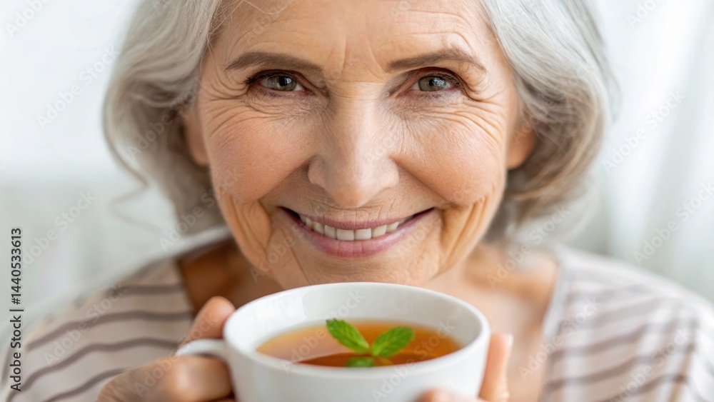 Smiling elderly woman enjoying a cup of herbal tea, showcasing warmth and contentment in a cozy setting.
