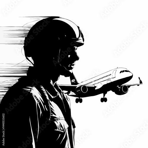 Pilot silhouette with aircraft in motion against white background  