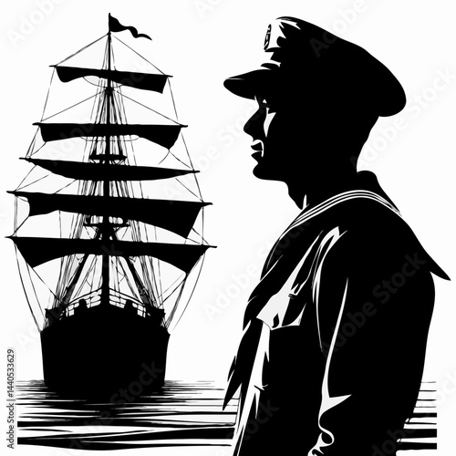 Sailor Silhouette Gazing at Historic Ship Against Ocean Background  