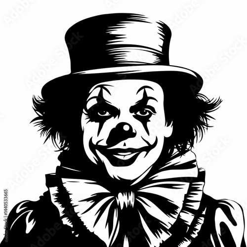 Vintage clown illustration smiling in black and white style  