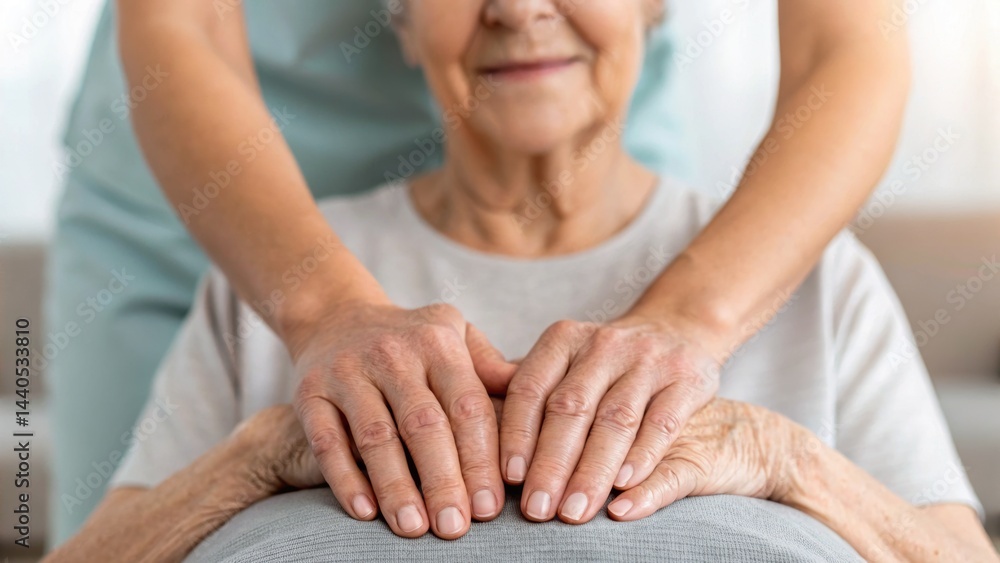 A caregiver provides gentle hand massage to an elderly woman, showcasing compassion and care in a serene setting.