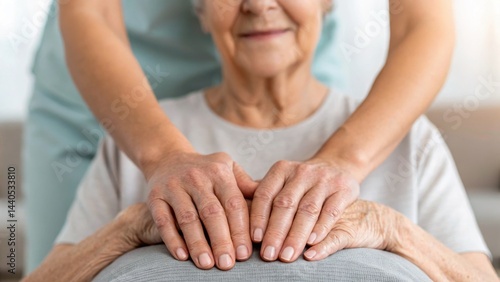 Obraz na płótnie A caregiver provides gentle hand massage to an elderly woman, showcasing compassion and care in a serene setting. w salonie