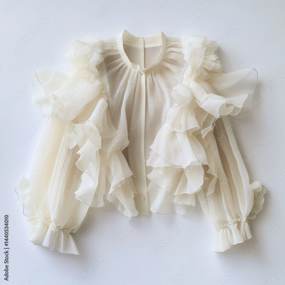 Soft sheer white ruffled blouse with flowing layered sleeves and romantic vintage charm Soft sheer white ruffled blouse with flowing layered sleeves and romantic vintage charm