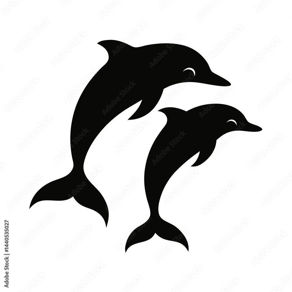 Naklejka premium Silhouette of two dolphins swimming in a circular pattern, black and white illustration