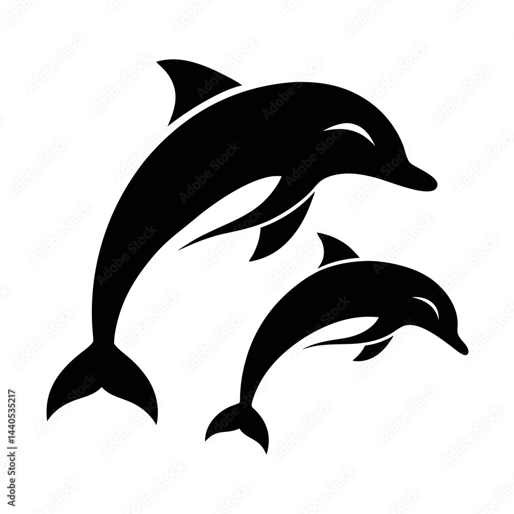 Fototapeta premium Silhouette of two dolphins swimming in a circular pattern, black and white illustration
