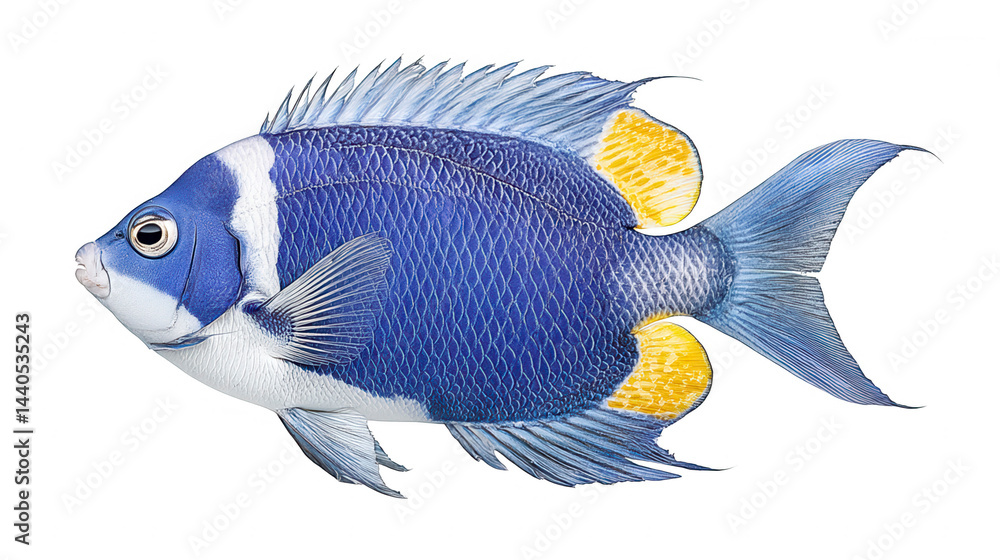 Colorful blue reef fish illustration for rebg 281 graphic design.