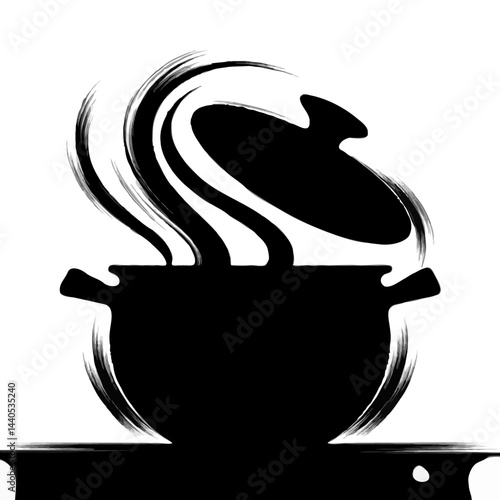 Cooking pot releasing steam in minimalist style  