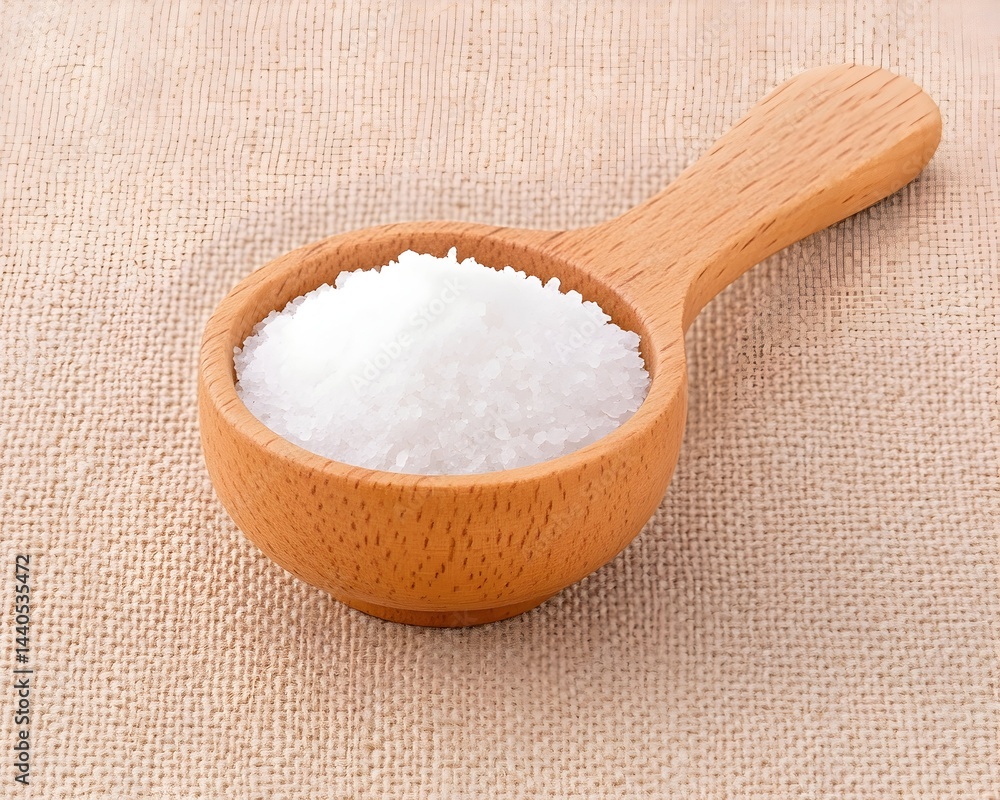A small wooden spoon holds a generous portion of fine, white, crystalline salt against a neutral beige fabric background