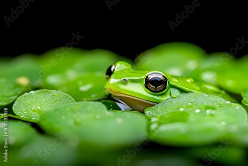 Obraz na płótnie A vibrant green frog, partially submerged amongst dew-kissed, round leaves against a dark backdrop w salonie