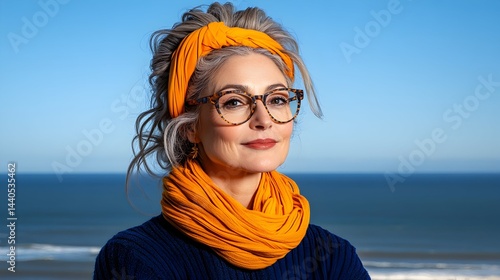 A stylish mature woman with gray hair, wearing orange head wrap and scarf, eyeglasses, and navy sweater, poses confidently against a bright blue ocean backdrop