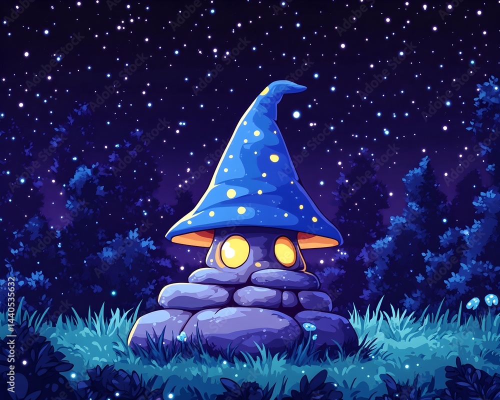 A whimsical mushroom house, adorned with a starry blue wizard's hat, sits serenely amidst a dark, enchanted forest under a glittering night sky