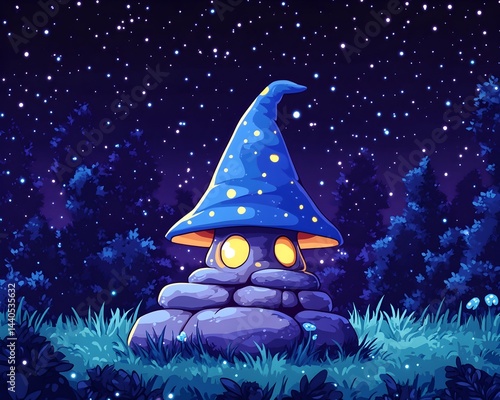 Obraz na płótnie A whimsical mushroom house, adorned with a starry blue wizard's hat, sits serenely amidst a dark, enchanted forest under a glittering night sky w salonie