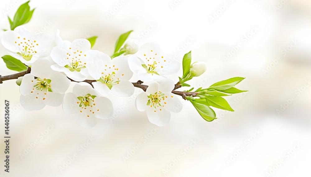 Obraz premium Delicate white blossoms on a branch with fresh green leaves against a soft, blurred background