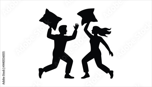 Couple Pillow Fight Fun Illustration Silhouette