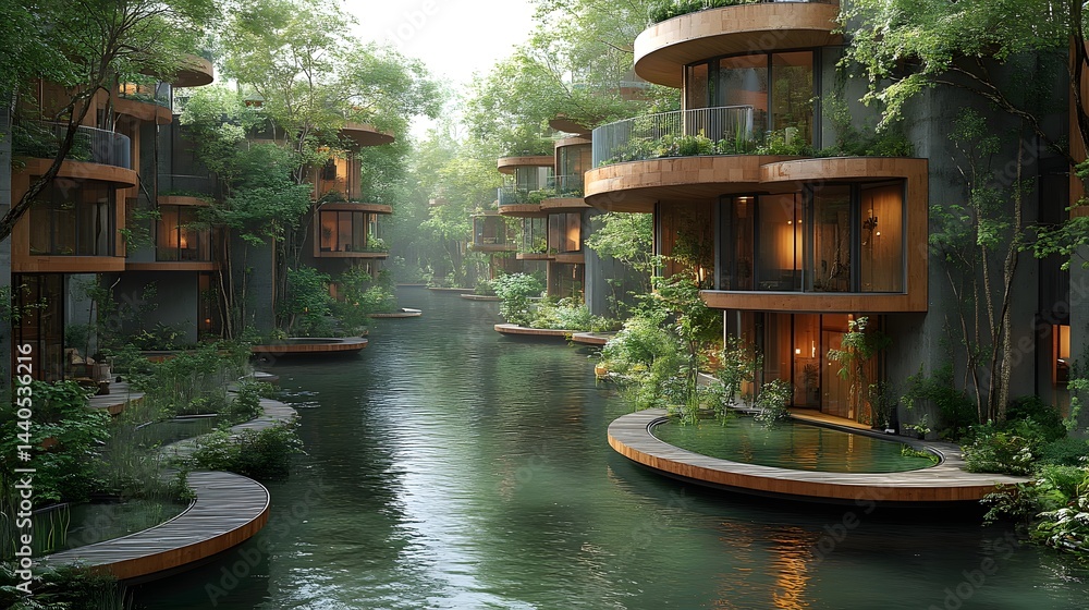 Obraz premium Waterside residences amidst lush greenery, featuring unique architectural design and private walkways, idyllic retreat