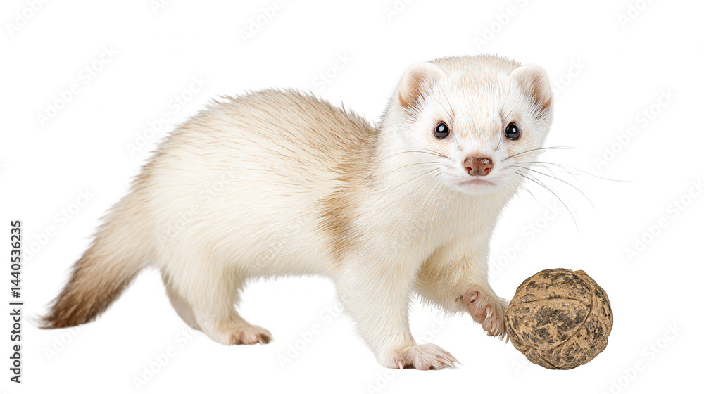 A playful albino ferret holds a ball in a vibrant image for REBG 300.
