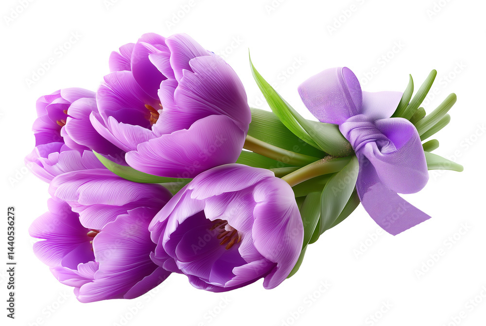 Elegant bouquet of purple tulips with green leaves and a decorative ribbon, ideal for Mother's Day or birthdays and other opportunities. PNG