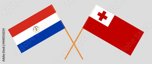 Crossed flags of Republic of Paraguay and Tonga. Official colors. Correct proportion. Vector illustration