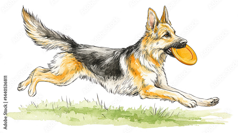 German shepherd joyfully runs with disc in mouth on grass in art