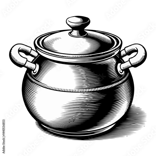 Vintage cooking pot illustration in black and white  
