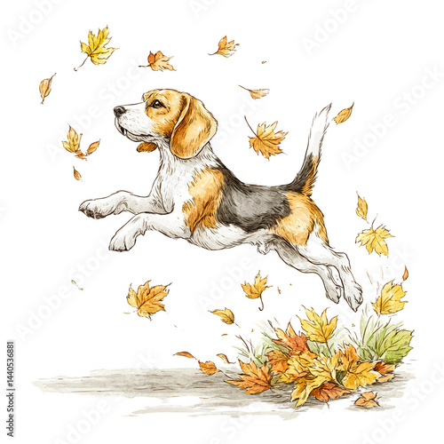 Beagle illustration jumping playfully amid autumn leaves created in