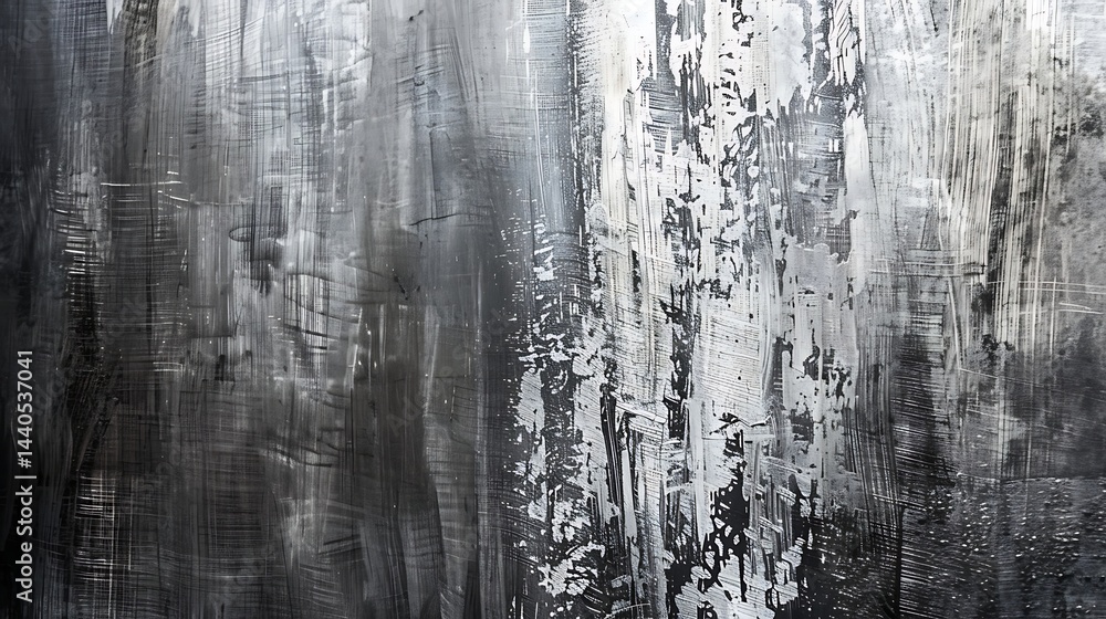 Obraz premium Abstract black and white grunge texture background banner: Distressed, scratched, and weathered surface resembling painted metal or concrete. Monochrome pattern. 