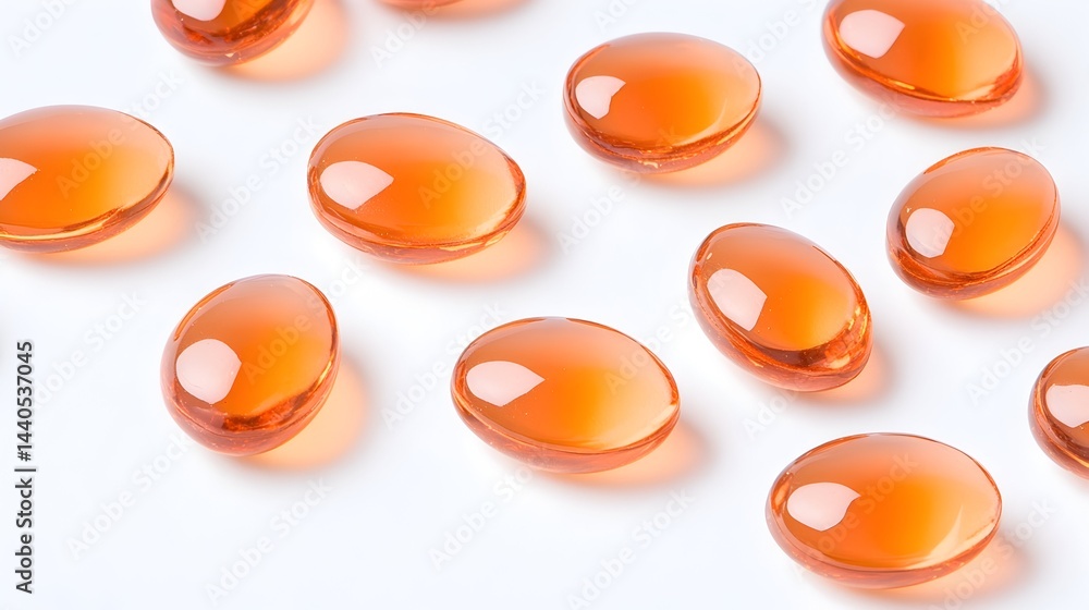 Scattered translucent amber capsules on a white background