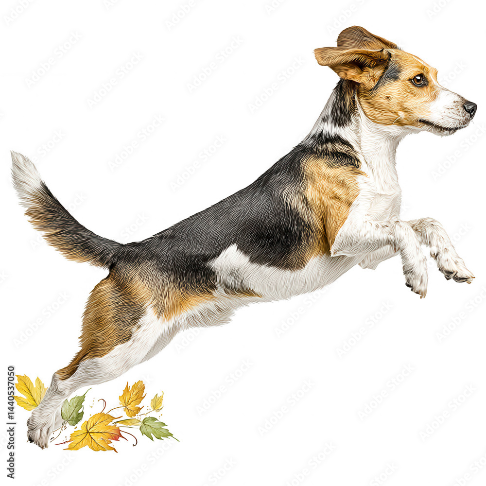 A happy beagle dog leaps excitedly among falling autumn leaves in a rebg 316.