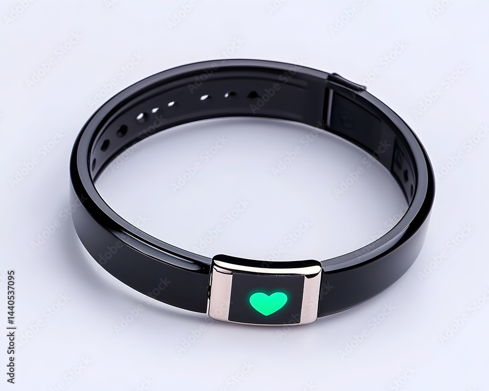 Sleek black fitness tracker bracelet with a glowing green heart icon on its display