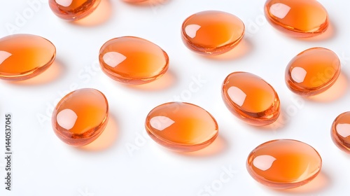Obraz na płótnie Scattered translucent amber capsules on a white background w salonie