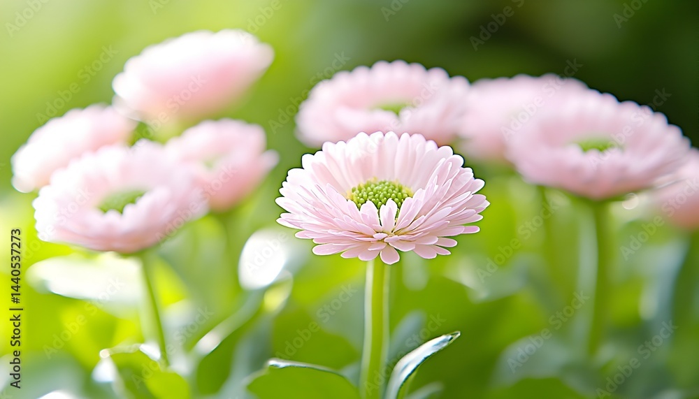 Soft pink daisies in gentle sunlight, delicate petals and green foliage