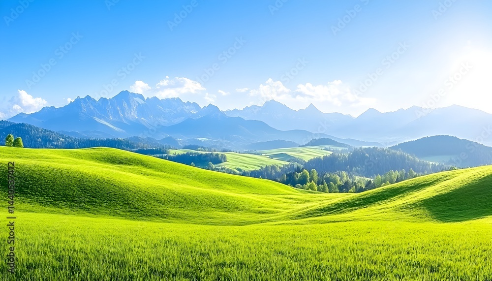Sunlit green rolling hills extend to a majestic mountain range under a vibrant blue sky