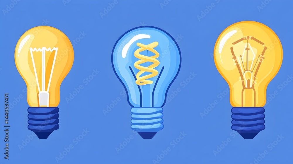 Three illuminated light bulbs showcasing different filament designs against a blue backdrop
