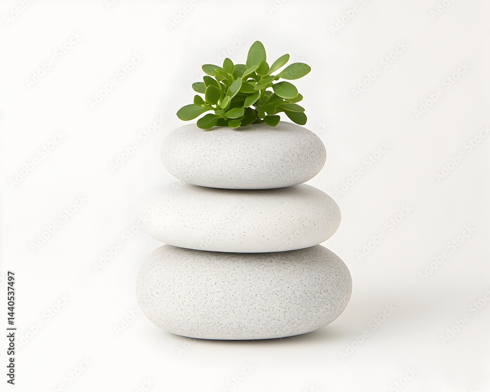 Three smooth, light grey stones stacked, topped with a small green plant against a white background