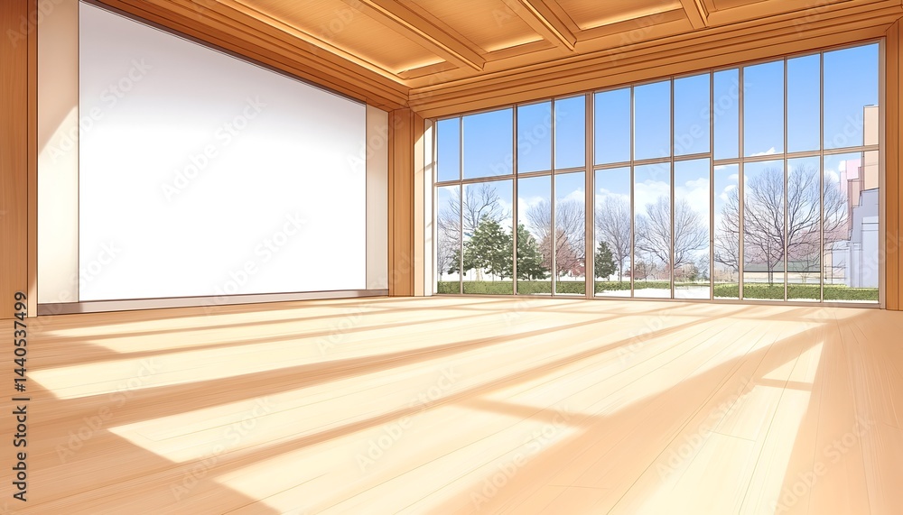 Sunlit spacious room with large windows, wooden walls and floors, and a blank wall