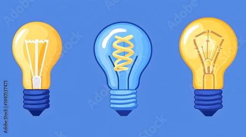 Obraz na płótnie Three illuminated light bulbs showcasing different filament designs against a blue backdrop w salonie