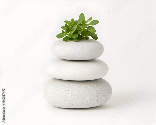 Obraz na płótnie Three smooth, light grey stones stacked, topped with a small green plant against a white background w salonie
