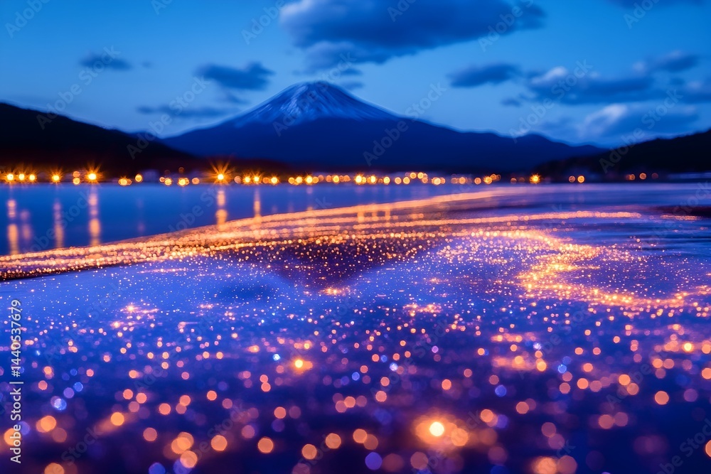 Twilight view of a snow-capped mountain reflected in a shimmering, light-dusted water