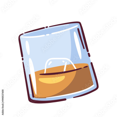 Cartoon doodle of whiskey glass with ice cube, brown liquid inside. Whiskey vector illustration in modern hand-drawn style for bar, cocktail, party or sticker design in brown and blue colors.