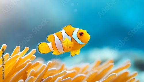 Vibrant orange and white fish swims near yellow anemone in clear blue water