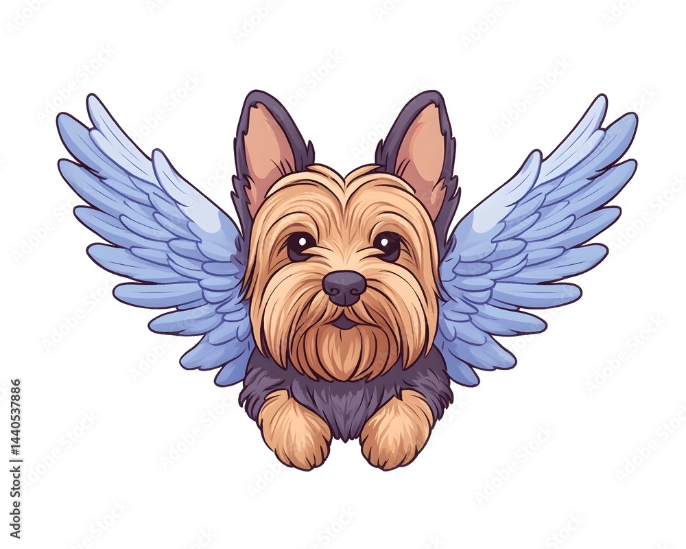 A charming Yorkshire Terrier with light-blue angel wings, depicted in a stylized, cartoonish manner