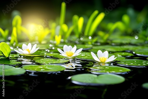 White water lilies float serenely on dark water, sunlight illuminating the scene Lush green foliage surrounds the flowers