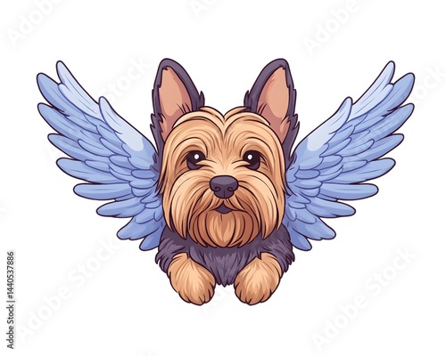 Obraz na płótnie A charming Yorkshire Terrier with light-blue angel wings, depicted in a stylized, cartoonish manner w salonie