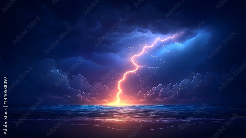 Dramatic lightning strike over a dark ocean at night, vibrant colors illuminating the clouds and water